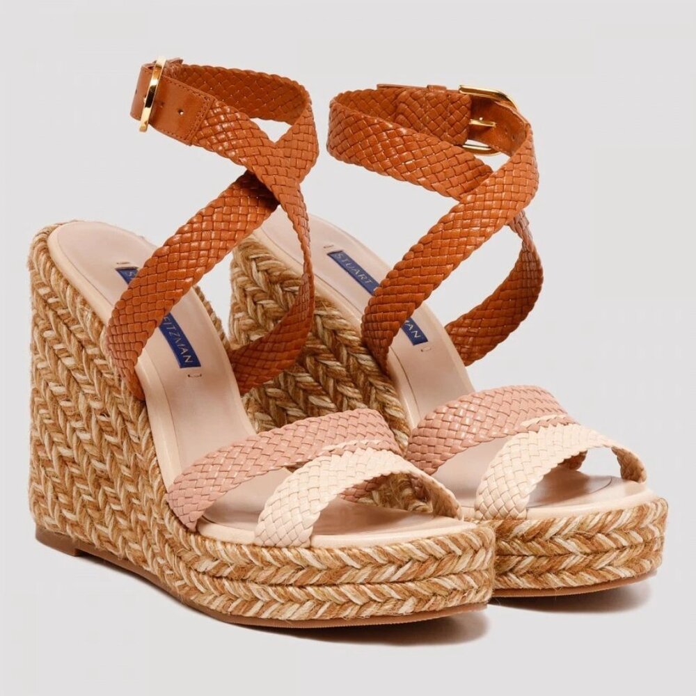 Stuart Weitzman Multicolor Woven Leather Wedge Ankle Strap Sandals Size 8